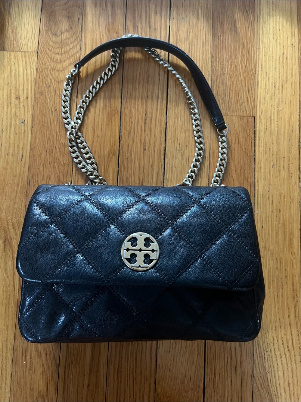 Tory Burch Black Quilted Chain-Handle Shoulder Bag with Gold Accents